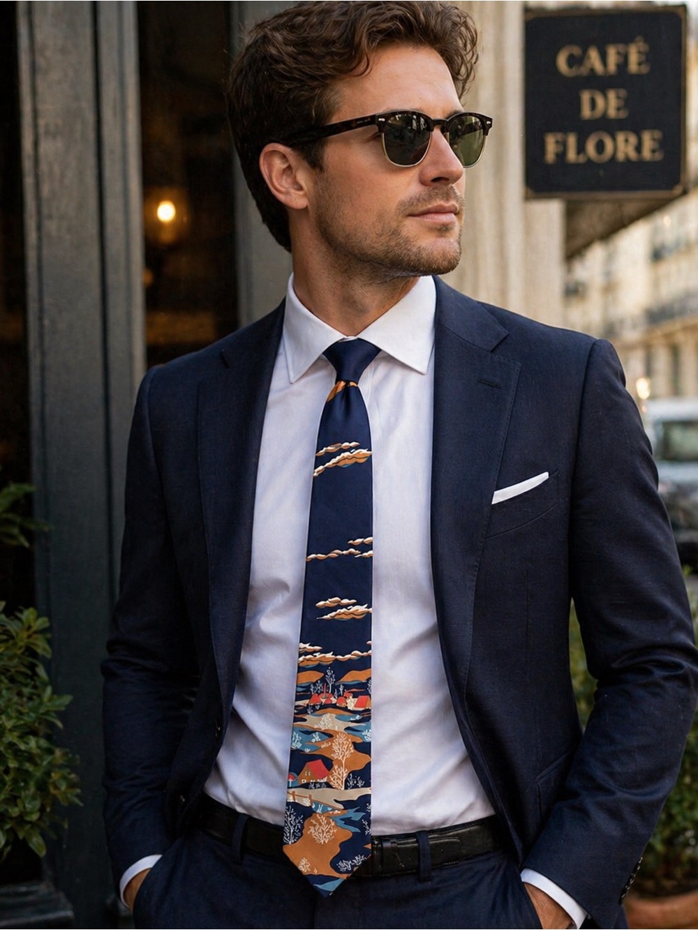 Vintage Jean Claude Vidal Silk Tie Scenic Landscape Navy Paris New York